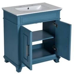 NEW Blue 30 in. Freestanding Bath Vanity with White Resin Sink Top with Storage Shelf, Solid Wood Frame