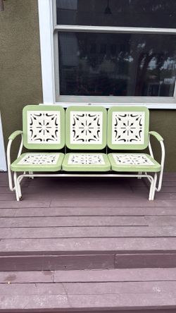 Vintage Metal Porch Glider Bench – 3-Seat, Sage Green & White