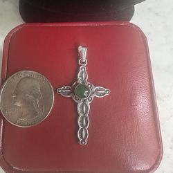 Vintage 925 Sterling silver w/ natural green jade cross pendant,  marked STERLING, 1.5 in. , embossed , looks native am.
