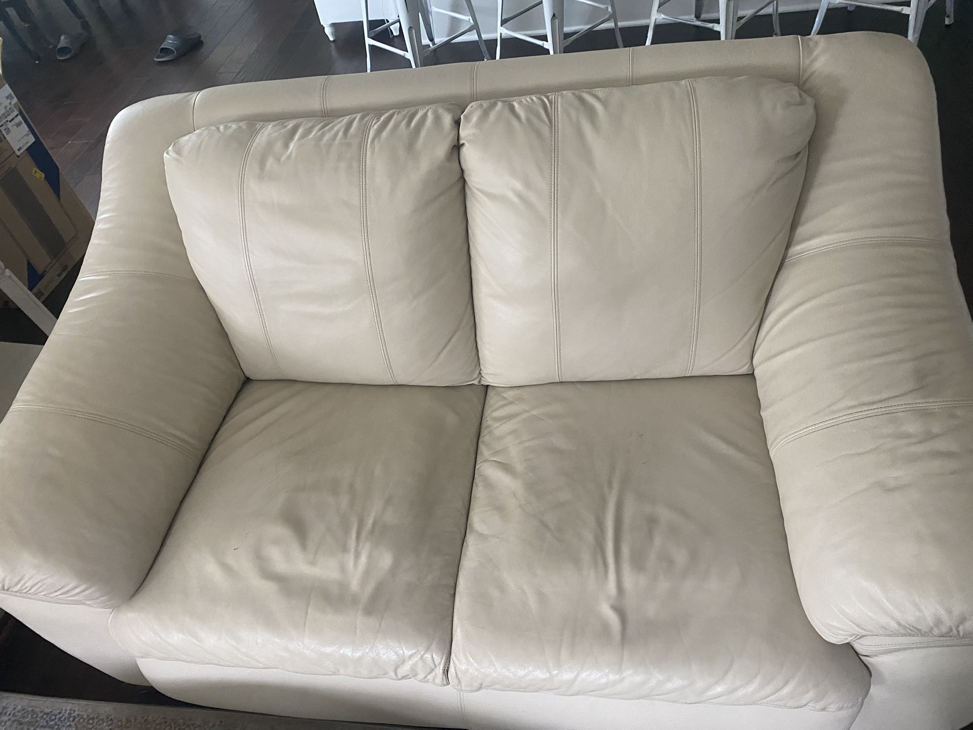 White/Cream Faux Leather Couch and Love Seat