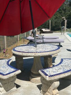 Handcrafted Concrete Mosaic Patio Table Set (Table + 3 Benches)