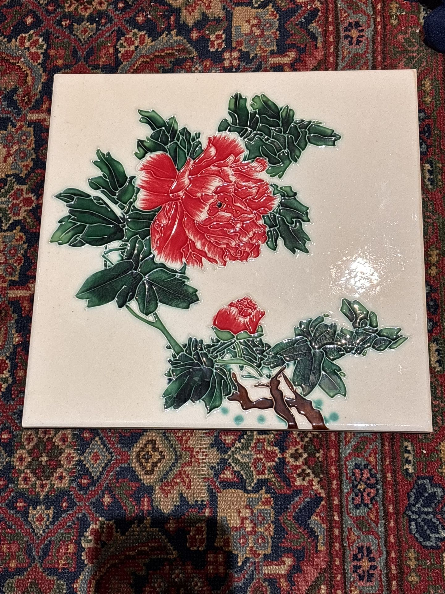 Asian Tile Art ready to hang red peony flowers off white ceramic crazing 12”