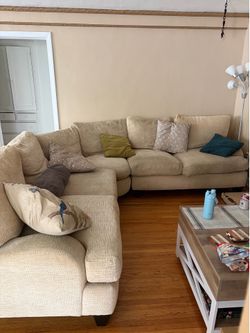 Beige Feather-Filled L-Shaped Sectional Sofa