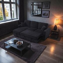 🆕 FREE Delivery! 🚚 Black Sofa Bed w/ Storage, USB & Cupholders