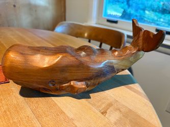 Vintage Hand Carved Wooden Sperm Whale Figurine Nautical Folk Art Sculpture 12"