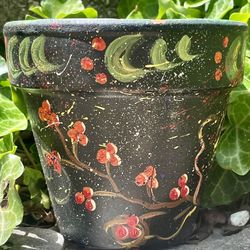 Decorative Berry And Vine - Themed Hand - Painted Flower Pot With Drainage - 4”