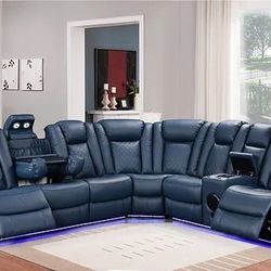 New Leather Sectional In Blue With Bluetooth Speakers 🔊 LED LIGHTS 💡 Wireless Charging And More! 