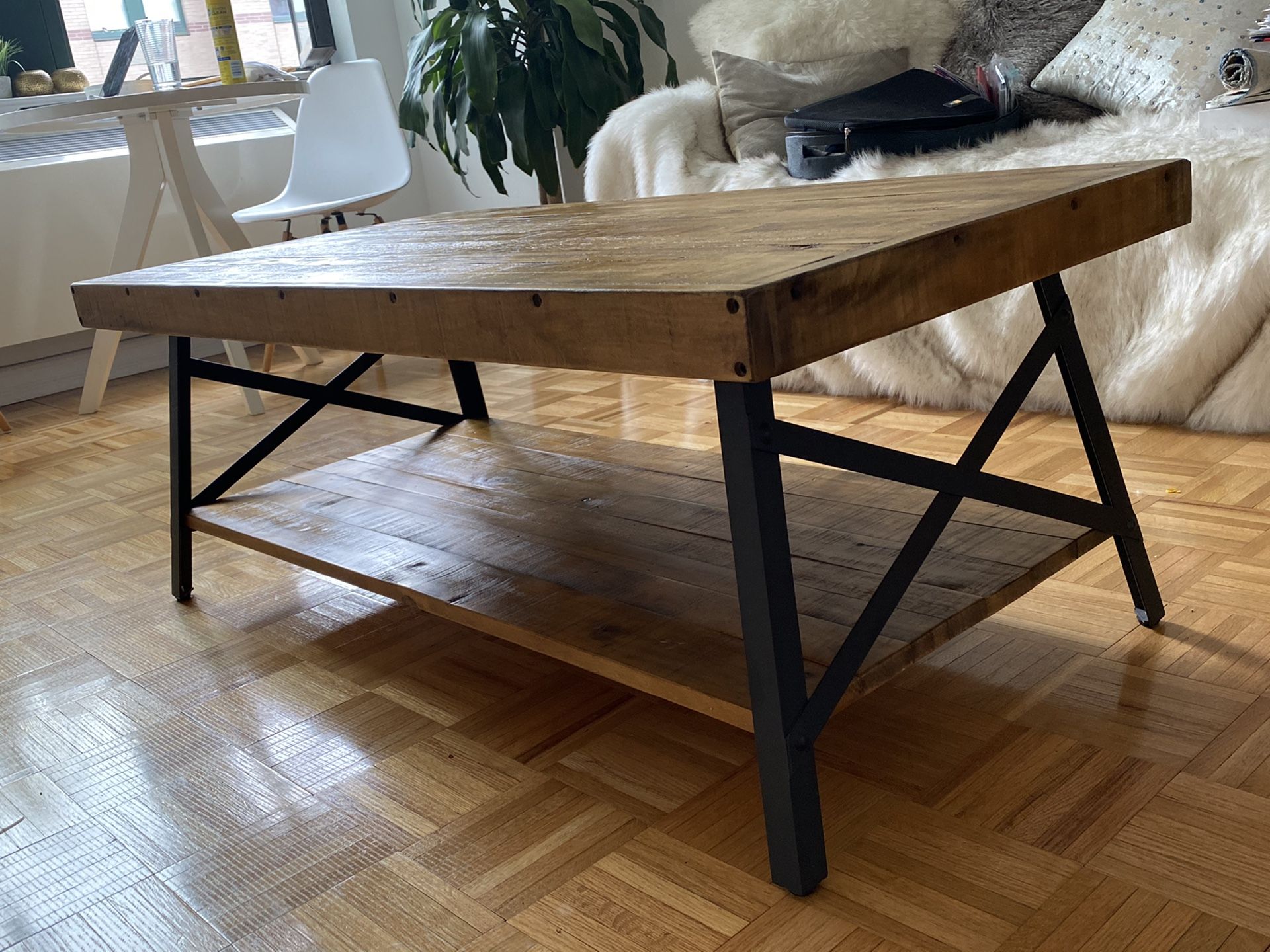 Wood coffee table industrial style with iron sides