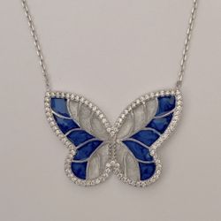 🦋925 Silver butterfly necklace cz blue handmade enamel