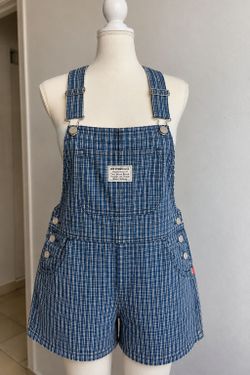 Levi’s Plaid Short Overalls Blue White Size L NWT