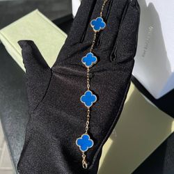 18k yellow gold Van cleef style Blue Agate clover shape stone bracelet necklace earrings set