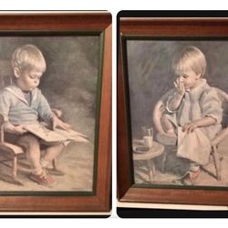 Set Of 2! Vintage Pictures- Boy In Rocking Chair Reading A Book-Girl In Chair Eating Cookies- Numbered Pieces! **1960's RARE**