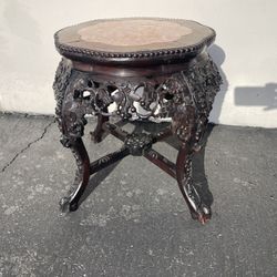 Antique Chinese Foliate Carved Rosewood Rouge Marble Top Stand