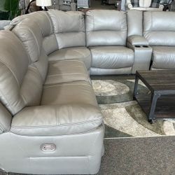 Dunleith Gray Real Leather Power Reclining Huge Sectional Couch /P
