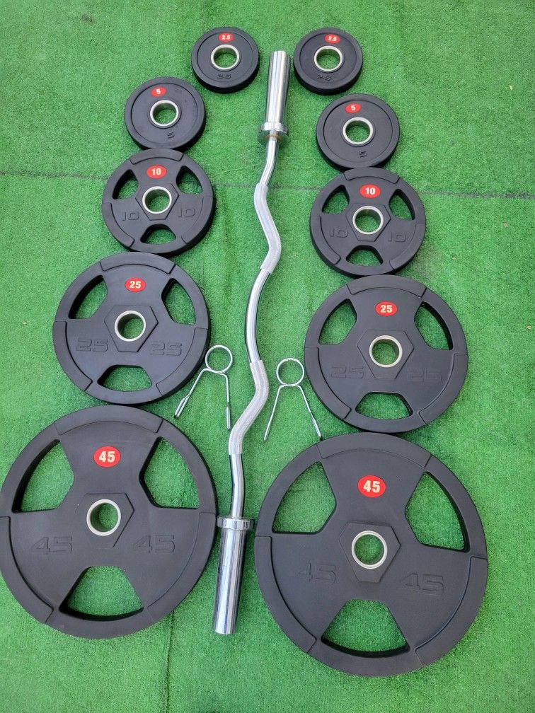 WEIGHTS SET AND 4FT CURLED BARBELL 