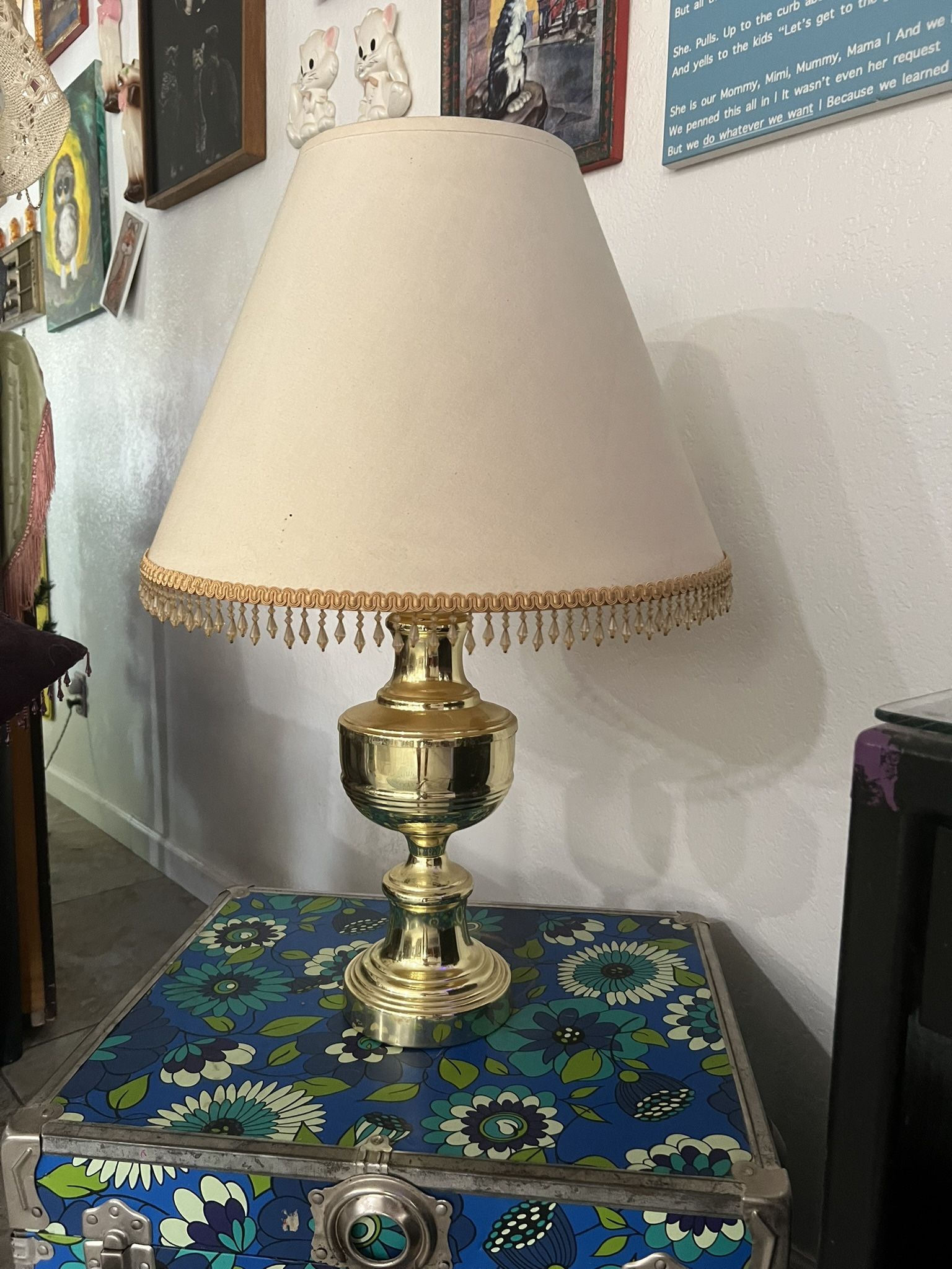 Vintage golden genie type lamp and beaded shade