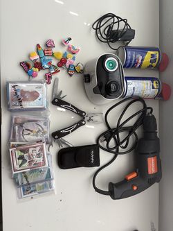 Cros charms, drill, cards, general items, multi tool