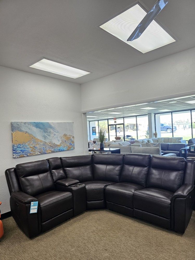 100%Real Leather Sectional Sofa With Two Power Recliners-Addyson