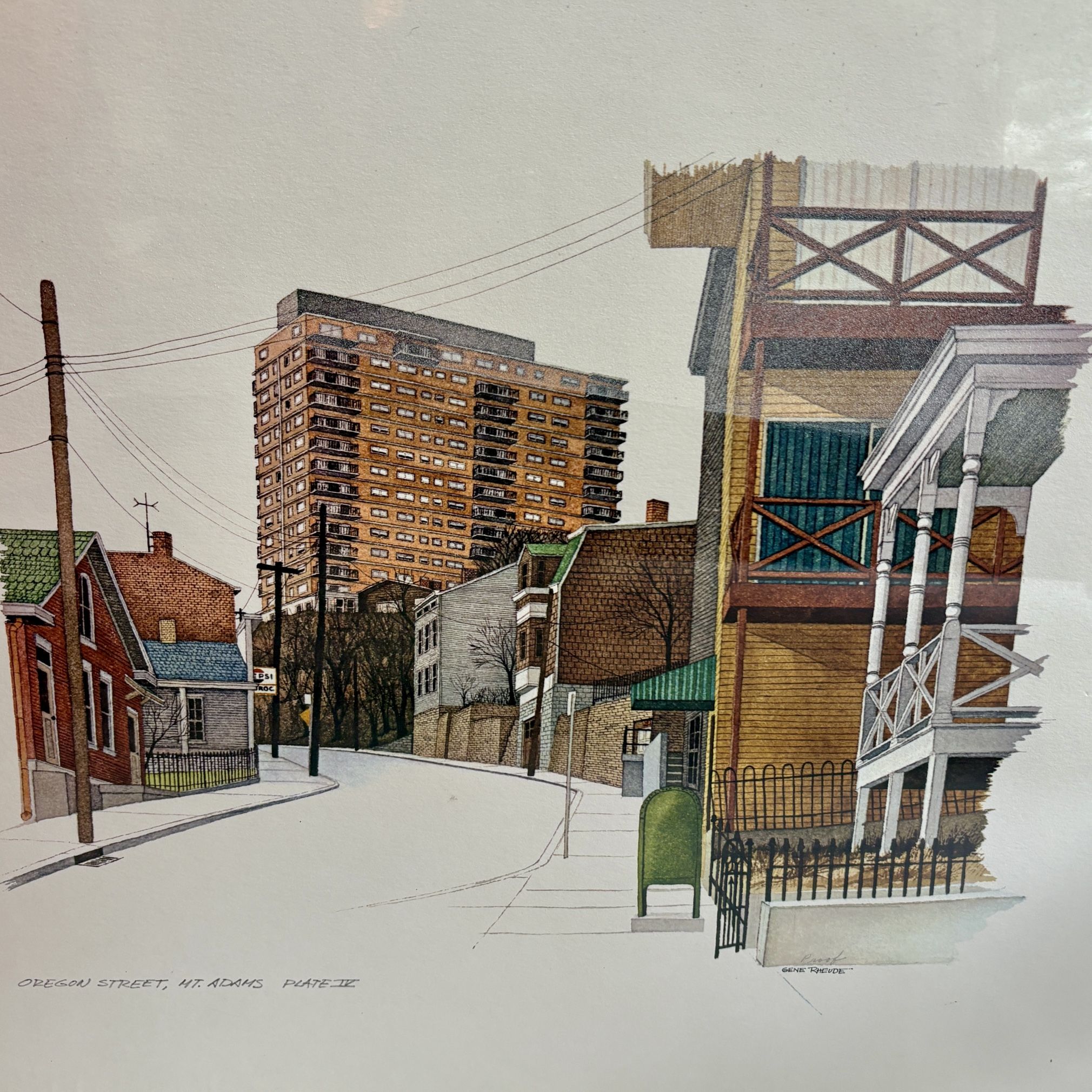 Gene Rheude Artist Proof Print Cincinnati Mt Adams OH Oregon Street 16”x20”