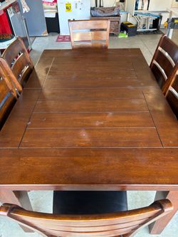 Large Dark Wood Dining Table + 6 Chairs + extension