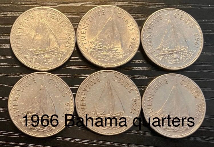 1966 Lot of 6 Bahama Islands/25 cents/Queen Elizabeth II Bahamian Sloop