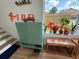 Metal cabinet and wooden bench