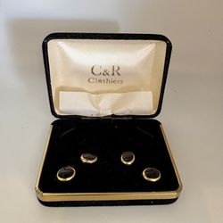 C&R Clothiers Mens Gold Tone Black Cabochon Tuxedo Cufflinks & Stud Set Boxed