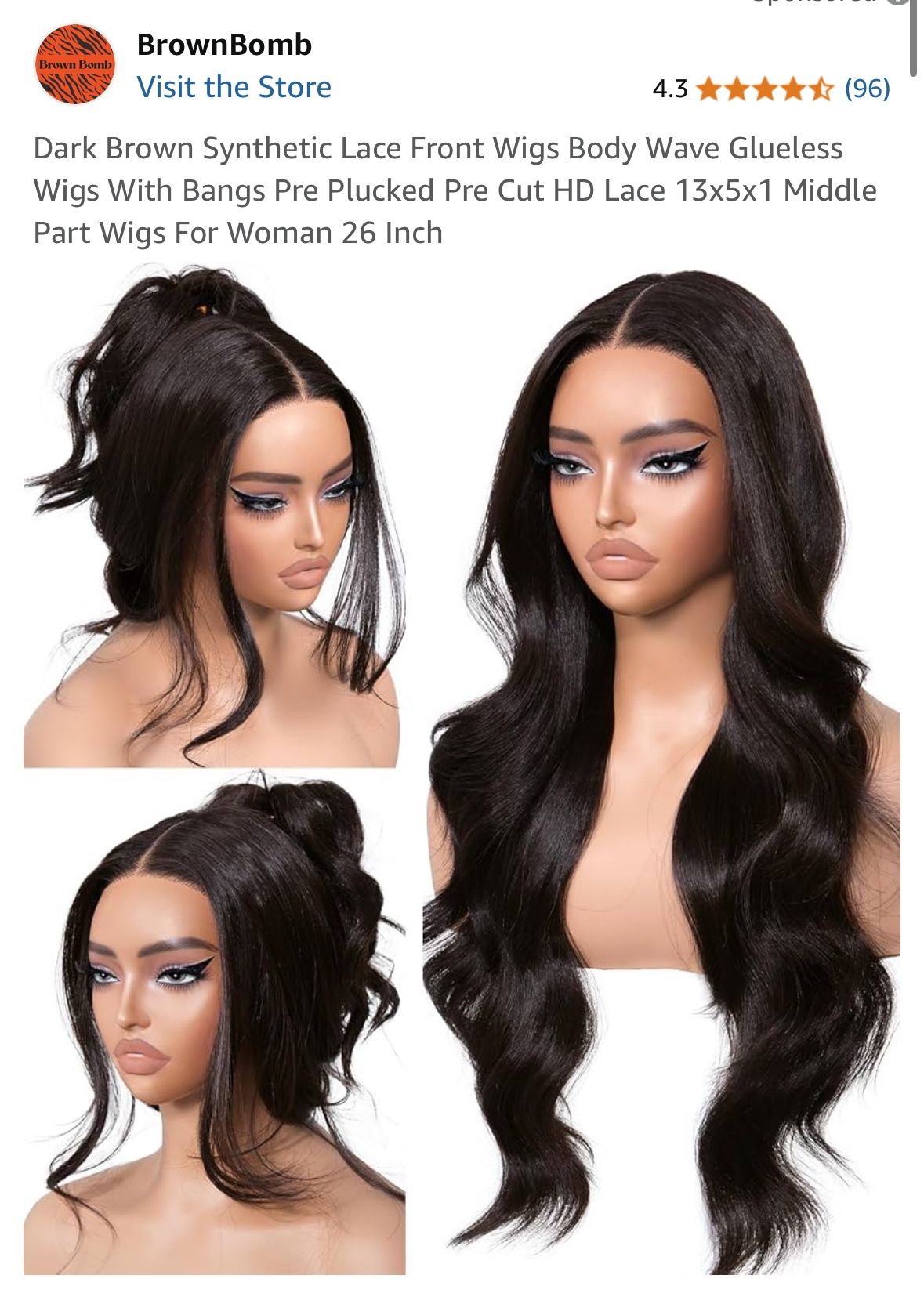 Dark Brown Synthetic Lace Front Wigs Body Wave Glueless Wigs With Bangs Pre Plucked Pre Cut HD Lace 13x5x1 Middle Part Wigs For Woman 26 Inch