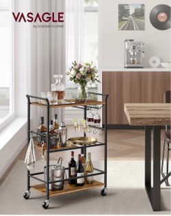 Bar Cart with Wheels, Drink Cart with Wine Rack and Glass Holder 3-Tier Home Bar Serving Carts,25.4 x 12.6 x 33.7 Inches, Rustic Brown and Matte Black