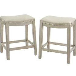 Barton Set of 4 Bar Stools Beige 24" Saddle Backless Premium Padded Indoor/Outdoor Nailhead Cushion Kitchen Counter Chairs Pub Seat Foot Rest