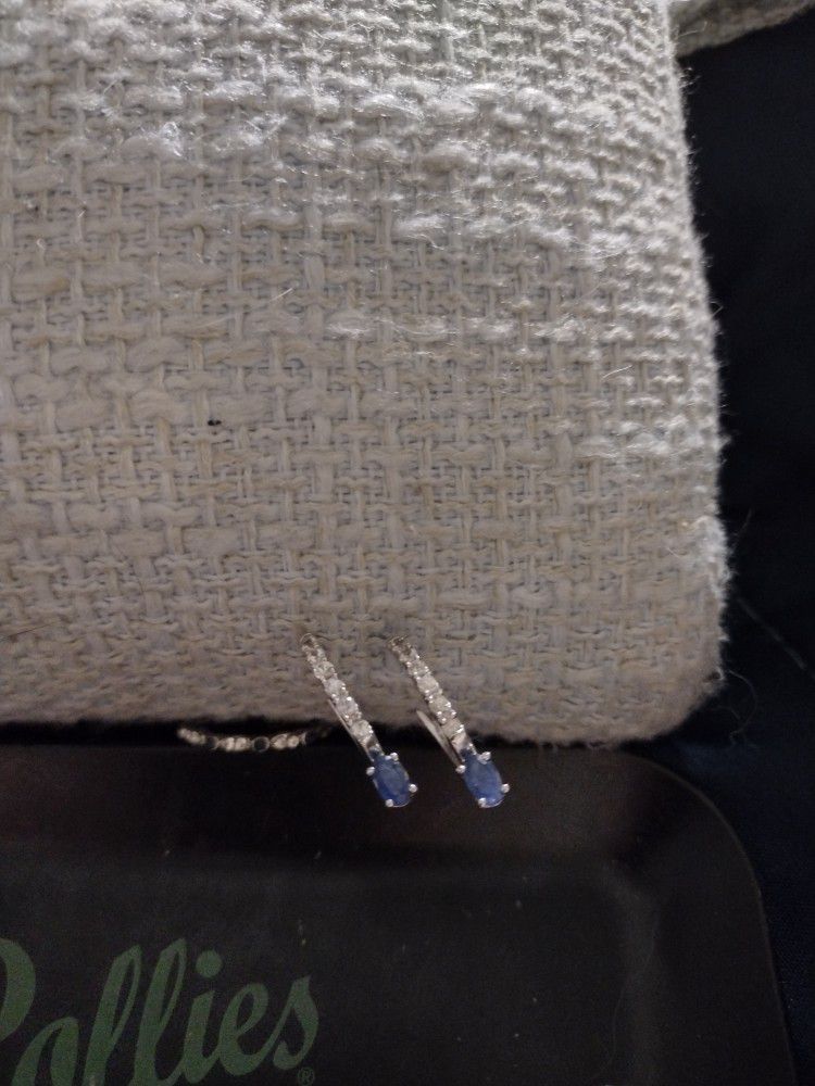 Sapphire And Diamond Silver Earrings Comes With Little Ring