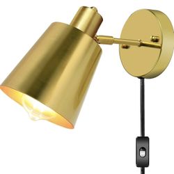 💡 YiaMia Plug in Wall Sconces, Gold Brass Wall Lamp Metal Vintage Wall Mounted Light Fixture with On/Off Switch, Plug in Cord E26 Base Industrial Wal
