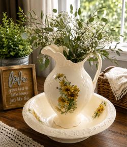 Ceramic Pitcher and Bowl Set with Floral Design