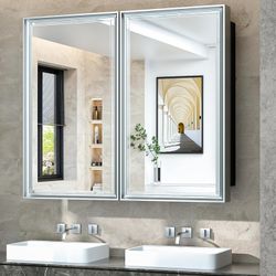 36x32 Bathroom Mirror Cabinet, Silver Recessed Medicine Cabinet with Mirror Aluminum 2 Door,Surface Mount Metal Bathroom Cabinet Mirror for Bathroom V