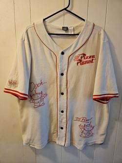 Disney Pixar "Toy Story" Kaki Color Stitched Jersey "Pizza Planet" Size Large Great Condition