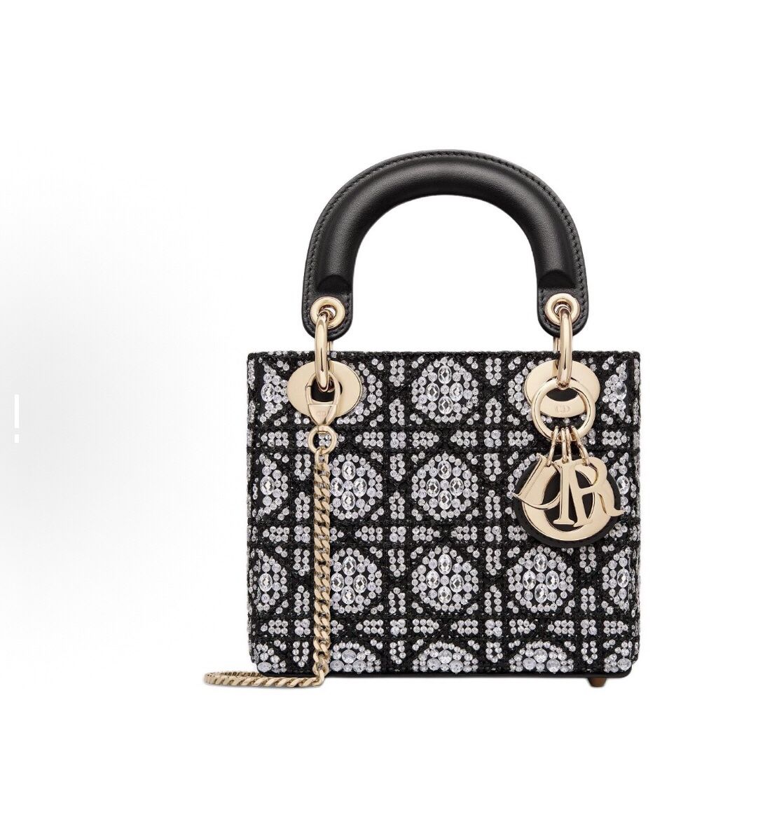Dior Lady Dior brand logo rattan plaid embroidery beaded silver rhinestone cotton one-shoulder handbag mini women's black(8)97