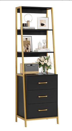 Modern Black & Gold Bookshelf w/ Drawers • Ladder Bookcase • Great Condition