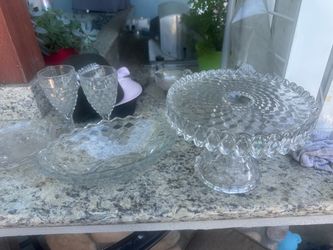Vintage glass Fostoria set cake stand bowls cups