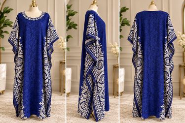 DRESS 1 Of 3: Royal Blue Floral Kaftan Maxi Dress – Flowy Batwing Sleeves – Has Flaw