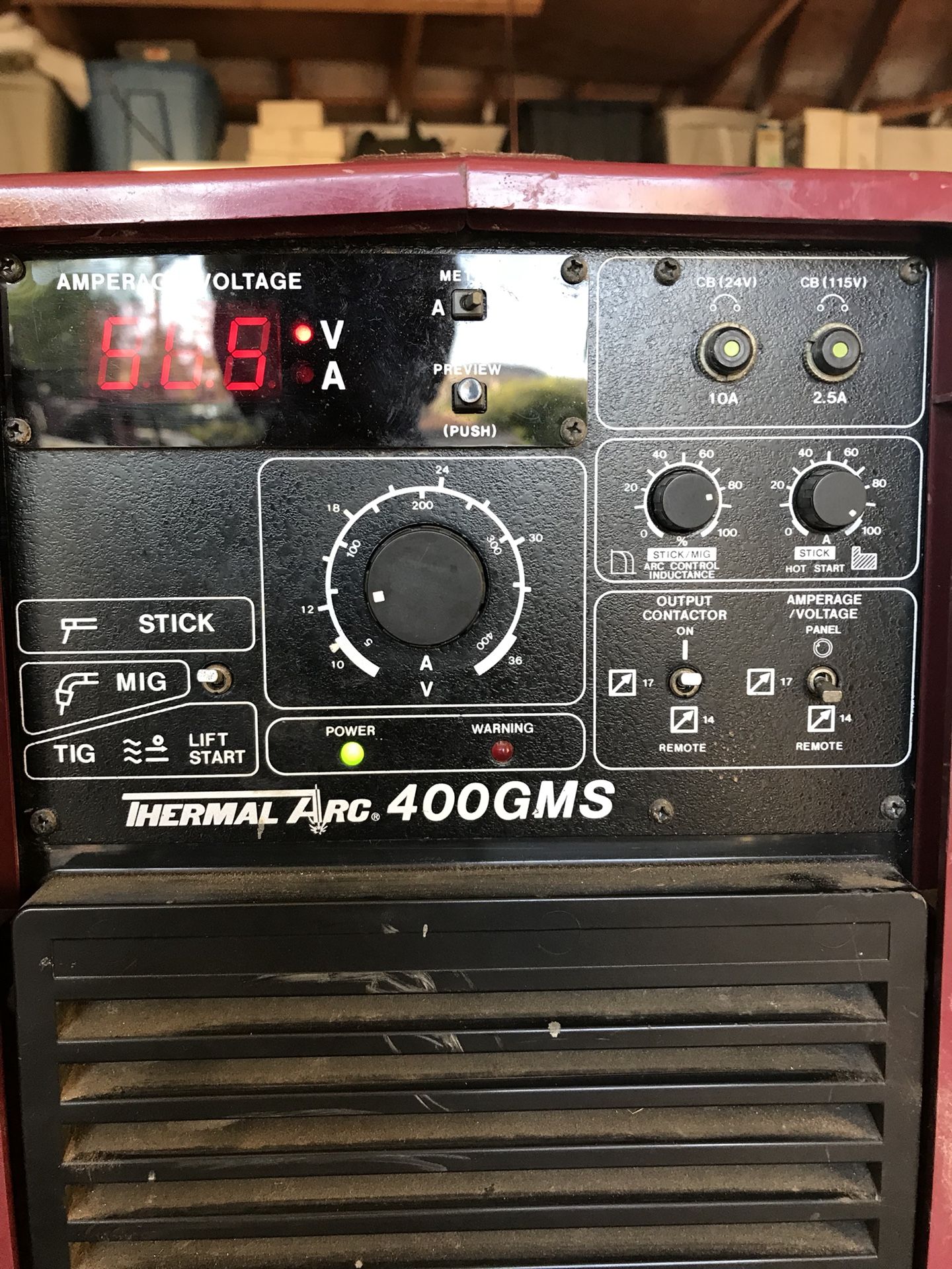 Thermal arc 400 GMS welder it runs on 220 V. Nice clean welder works very well. You’re welcome to drop by and burn some rod. Check out the pictures.