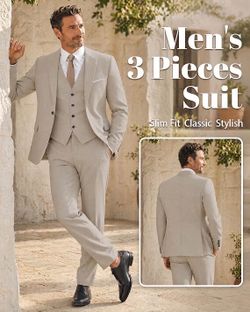Size Large Men's 3 Piece Suit Set with Tie, One Button Slim Fit