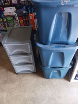 3 draw plastic bin Grey plus 3 blue bins with lids