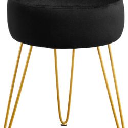 Black Velvet Vanity Stool Round Ottoman Foot Stool with Gold Legs NEW
