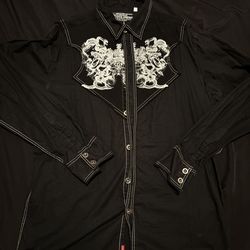 Guess Company Black Embroidered Cotton Long Sleeve Button-Up Shirt Size L