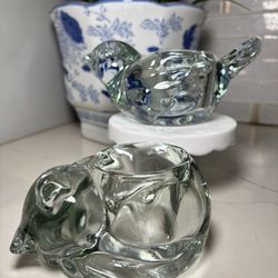 Vintage Indiana Glass Clear Crystal Figurines Sleeping Cat & Songbird Votive Set