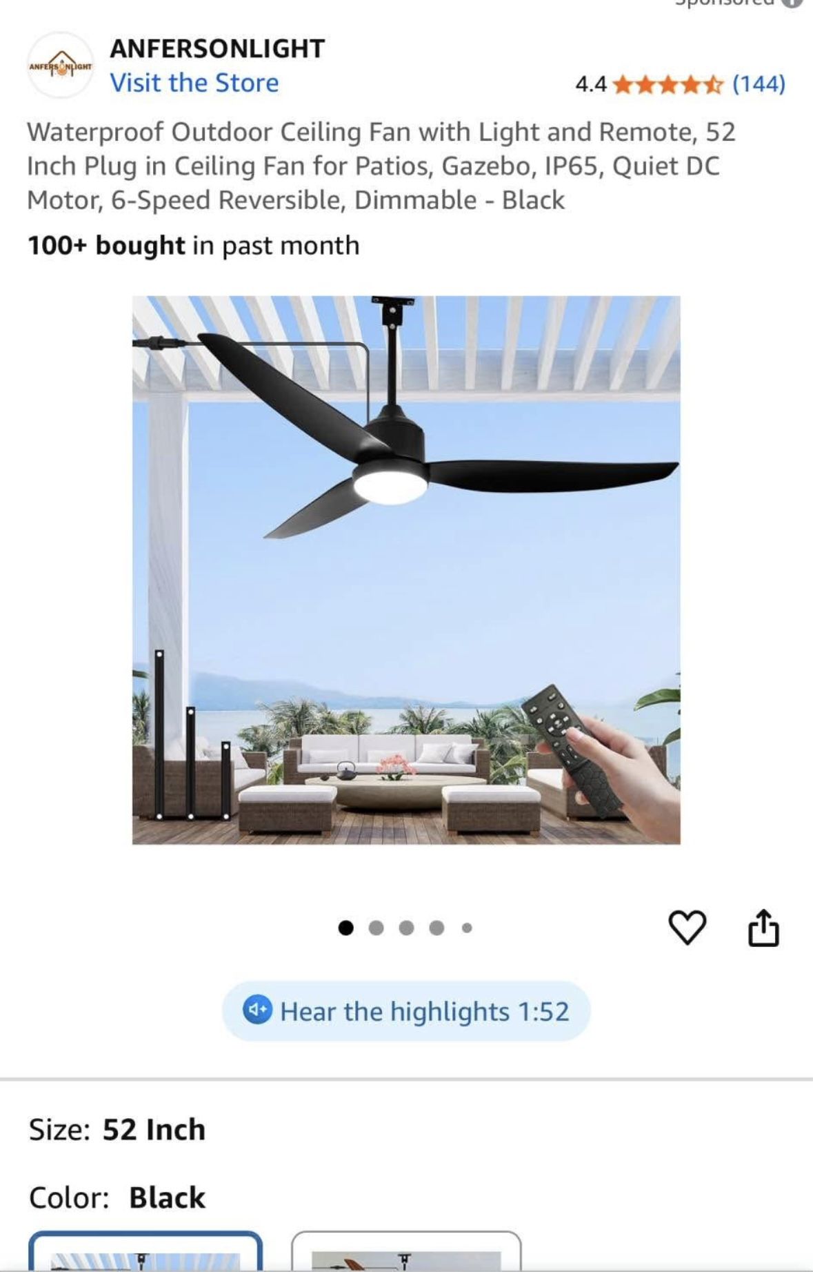 Waterproof Outdoor Ceiling Fan with Light and Remote, 52 Inch Plug in Ceiling Fan for Patios,