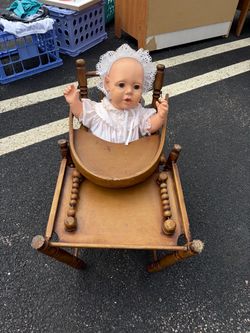 Antique Wooden Doll Convertible Highchair includes doll