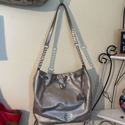 Michael Kors Michael Kors Frankie Embossed Leather Glossy Silver Metallic Python Bucket bag
