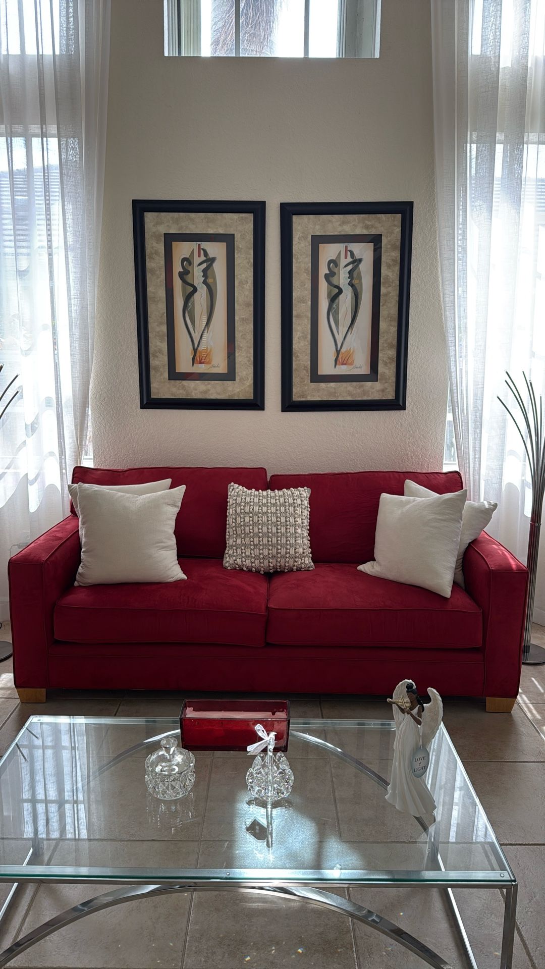 Red Microfiber Couch W/decorative Wall Art &Pillows