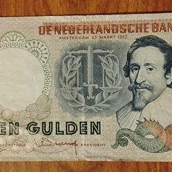 1953 Neitherlands Holland Vintage Large Gulden Bill Banknote Currency 